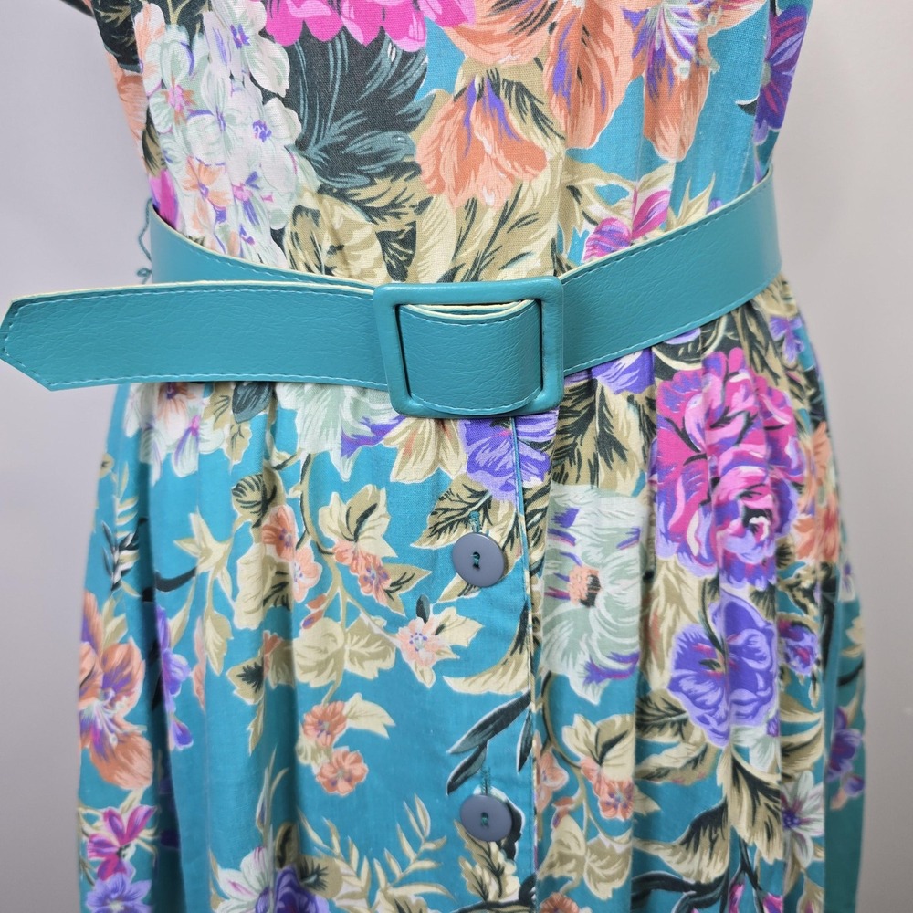 New Looks California Floral Midi Dress Size 10 Turquoise Belted Short Sleeve USA - Picture 4 of 6